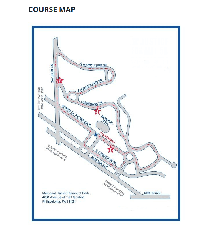 Philly Memorial Day Run course map showing the 5K route through Fairmount Park starting and finishing at Memorial Hall, 4231 Avenue of the Republic, Philadelphia, PA 19131